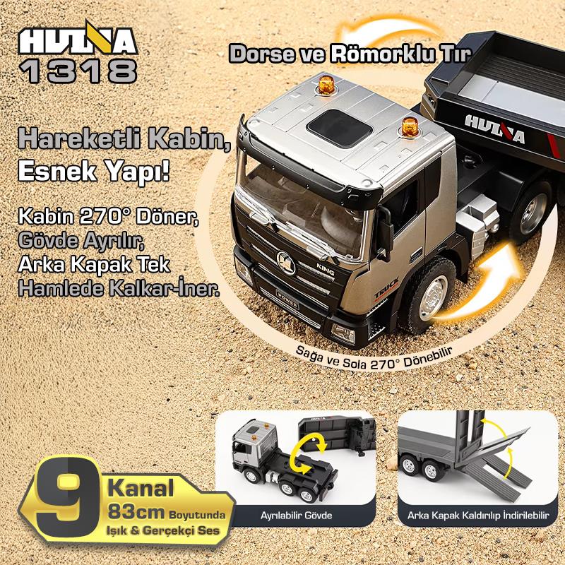 HUINA 1318 1/24 RC Dorse ve Römorklu Tır Kamyon Uzaktan Kumandalı İş Makinesi İnşaat RC Model - 2.4Ghz Gerçekçi Similasyon Ses ve Işık Sistemi
