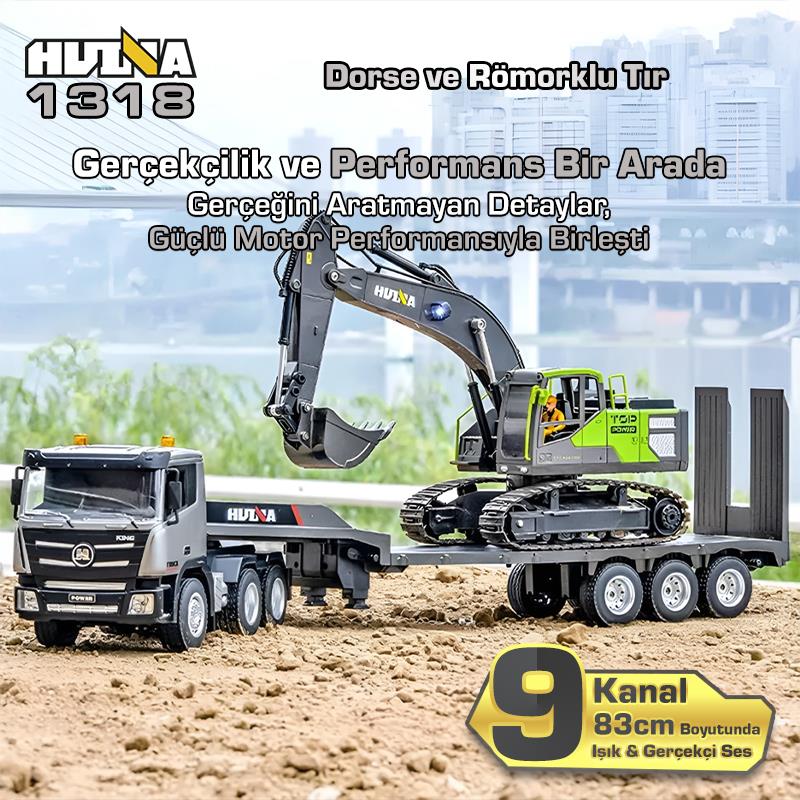 HUINA 1318 1/24 RC Dorse ve Römorklu Tır Kamyon Uzaktan Kumandalı İş Makinesi İnşaat RC Model - 2.4Ghz Gerçekçi Similasyon Ses ve Işık Sistemi