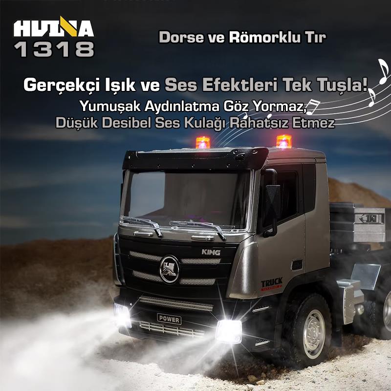 HUINA 1318 1/24 RC Dorse ve Römorklu Tır Kamyon Uzaktan Kumandalı İş Makinesi İnşaat RC Model - 2.4Ghz Gerçekçi Similasyon Ses ve Işık Sistemi