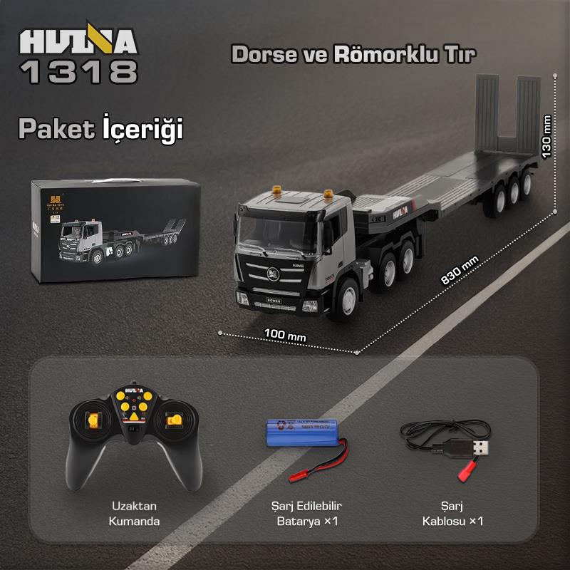 HUINA 1318 1/24 RC Dorse ve Römorklu Tır Kamyon Uzaktan Kumandalı İş Makinesi İnşaat RC Model - 2.4Ghz Gerçekçi Similasyon Ses ve Işık Sistemi