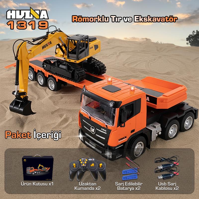HUINA 1319 RC Römorklu Kamyon ve Dozer Kumandalı İş Makinesi