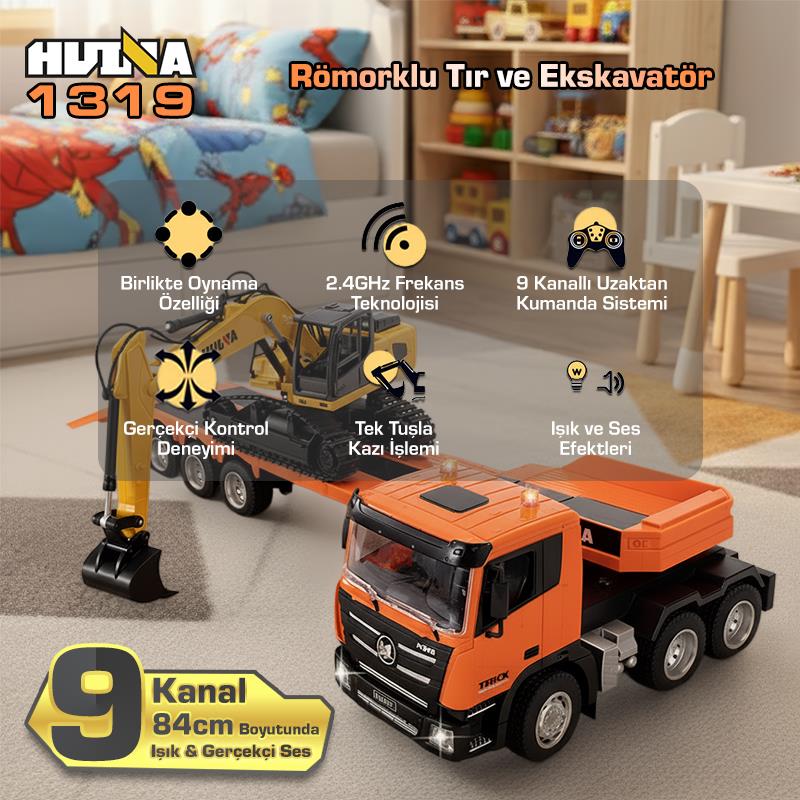 HUINA 1319 RC Römorklu Kamyon ve Dozer Kumandalı İş Makinesi