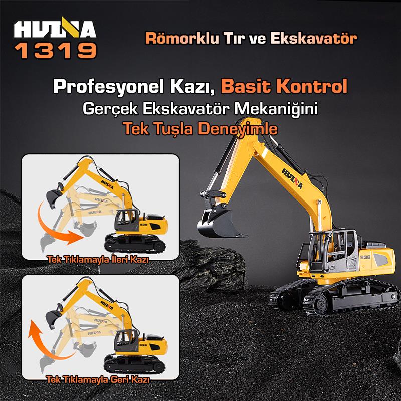 HUINA 1319 RC Römorklu Kamyon ve Dozer Kumandalı İş Makinesi