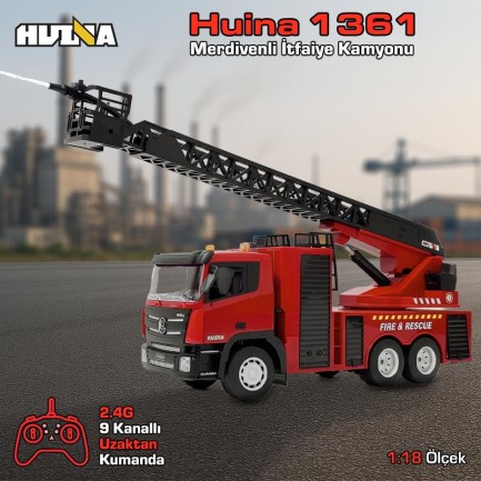 HUINA - HUINA 1361 1/18 9CH RC Model Uzaktan Kumandalı Merdivenli Yangın Söndürme İtfaiye Kamyonu İş Makinesi -Su Püskürtme Fonksiyonlu-2.4G Gerçekçi Similasyon Ses ve Işık Sistemi