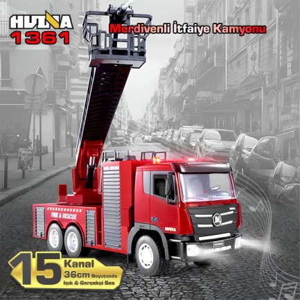 HUINA - HUINA 1361 1/18 15CH RC Model Uzaktan Kumandalı Merdivenli Yangın Söndürme İtfaiye Kamyonu İş Makinesi İnşaat -Su Püskürtme Fonksiyonlu-2.4G Gerçekçi Similasyon Ses ve Işık Sistemi