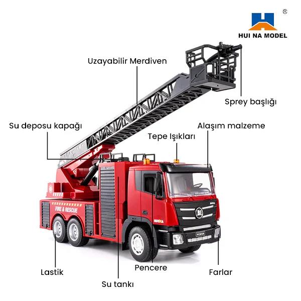 HUINA 1361 1/18 9 Kanal Yüksek Kalite RC Model Uzaktan Kumandalı Merdivenli Yangın Söndürme İtfaiye Kamyonu