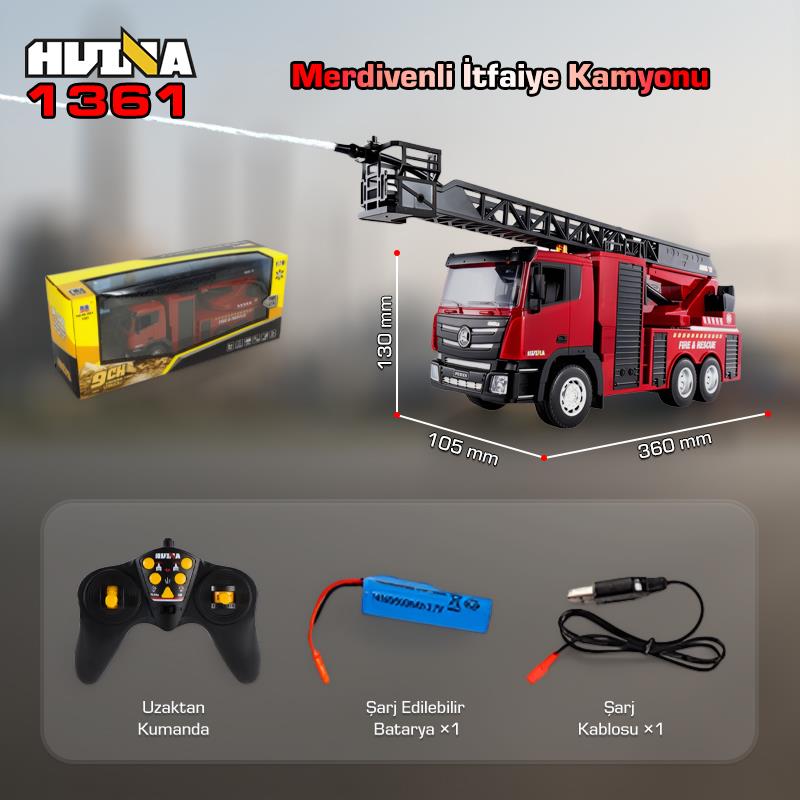 HUINA 1361 1/18 15CH RC Model Uzaktan Kumandalı Merdivenli Yangın Söndürme İtfaiye Kamyonu İş Makinesi İnşaat -Su Püskürtme Fonksiyonlu-2.4G Gerçekçi Similasyon Ses ve Işık Sistemi