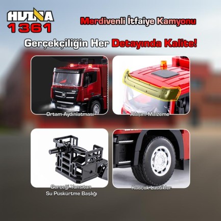 HUINA 1361 1/18 15CH RC Model Uzaktan Kumandalı Merdivenli Yangın Söndürme İtfaiye Kamyonu İş Makinesi İnşaat -Su Püskürtme Fonksiyonlu-2.4G Gerçekçi Similasyon Ses ve Işık Sistemi - Thumbnail