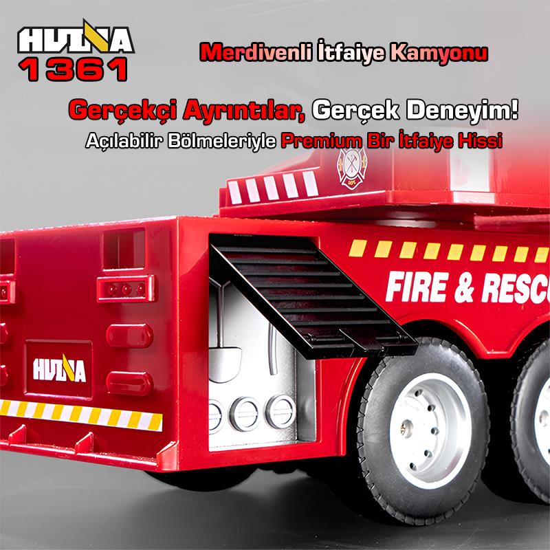 HUINA 1361 1/18 15CH RC Model Uzaktan Kumandalı Merdivenli Yangın Söndürme İtfaiye Kamyonu İş Makinesi İnşaat -Su Püskürtme Fonksiyonlu-2.4G Gerçekçi Similasyon Ses ve Işık Sistemi