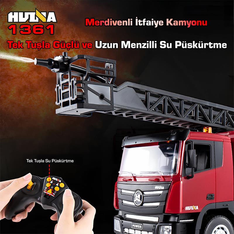 HUINA 1361 1/18 15CH RC Model Uzaktan Kumandalı Merdivenli Yangın Söndürme İtfaiye Kamyonu İş Makinesi İnşaat -Su Püskürtme Fonksiyonlu-2.4G Gerçekçi Similasyon Ses ve Işık Sistemi