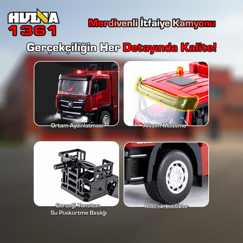 HUINA 1361 1/18 15CH RC Model Uzaktan Kumandalı Merdivenli Yangın Söndürme İtfaiye Kamyonu İş Makinesi İnşaat -Su Püskürtme Fonksiyonlu-2.4G Gerçekçi Similasyon Ses ve Işık Sistemi