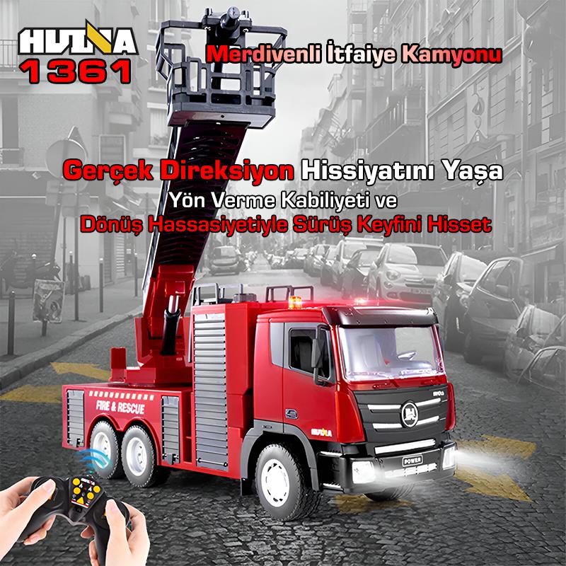 HUINA 1361 1/18 15CH RC Model Uzaktan Kumandalı Merdivenli Yangın Söndürme İtfaiye Kamyonu İş Makinesi İnşaat -Su Püskürtme Fonksiyonlu-2.4G Gerçekçi Similasyon Ses ve Işık Sistemi