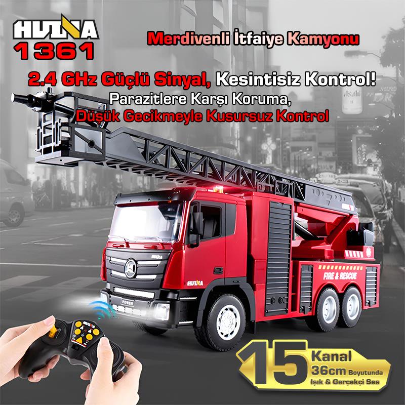 HUINA 1361 1/18 15CH RC Model Uzaktan Kumandalı Merdivenli Yangın Söndürme İtfaiye Kamyonu İş Makinesi İnşaat -Su Püskürtme Fonksiyonlu-2.4G Gerçekçi Similasyon Ses ve Işık Sistemi