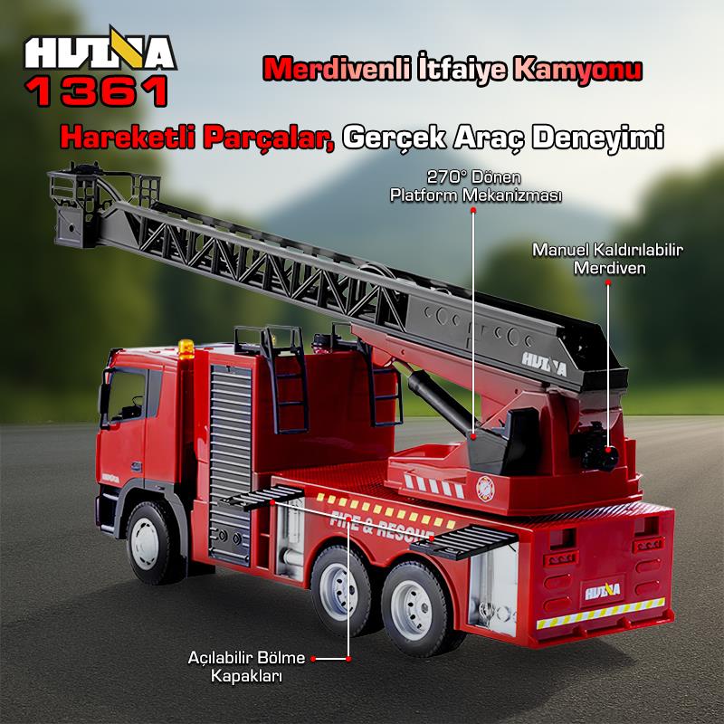 HUINA 1361 1/18 15CH RC Model Uzaktan Kumandalı Merdivenli Yangın Söndürme İtfaiye Kamyonu İş Makinesi İnşaat -Su Püskürtme Fonksiyonlu-2.4G Gerçekçi Similasyon Ses ve Işık Sistemi