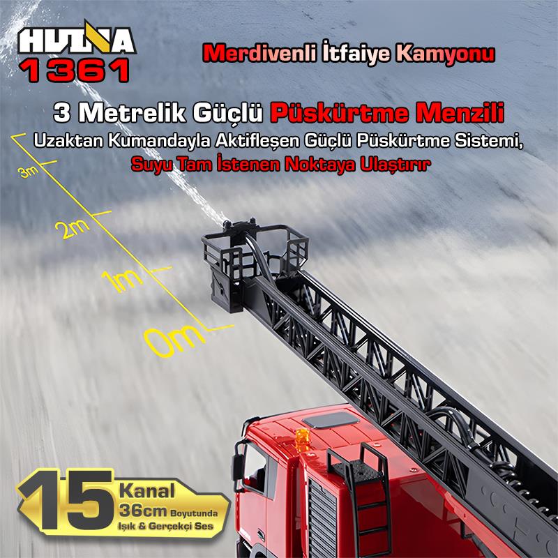 HUINA 1361 1/18 15CH RC Model Uzaktan Kumandalı Merdivenli Yangın Söndürme İtfaiye Kamyonu İş Makinesi İnşaat -Su Püskürtme Fonksiyonlu-2.4G Gerçekçi Similasyon Ses ve Işık Sistemi