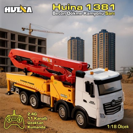 HUINA - HUINA 1381 1/18 11CH Beton Çimento Dökme Kamyonu İş Makinesi İnşaat Uzaktan Kumandalı RC Model Sarı - 2.4Ghz Gerçekçi Similasyon Ses ve Işık Sistemi