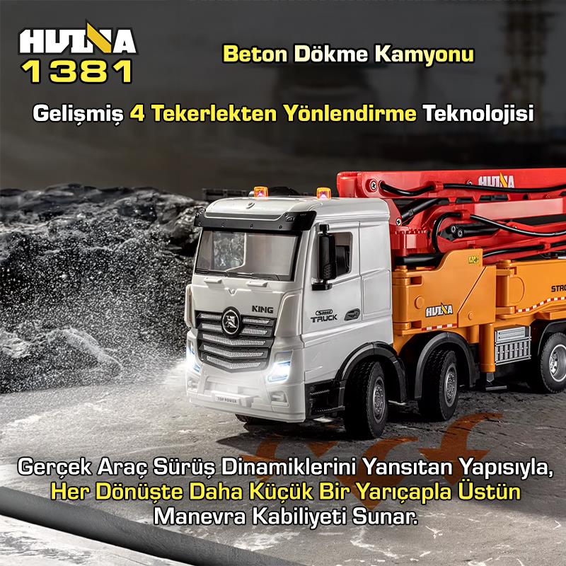 HUINA 1381 1/18 11CH Beton Çimento Dökme Kamyonu İş Makinesi İnşaat Uzaktan Kumandalı RC Model Sarı - 2.4Ghz Gerçekçi Similasyon Ses ve Işık Sistemi