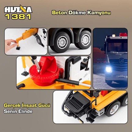 HUINA 1381 1/18 11CH Beton Çimento Dökme Kamyonu İş Makinesi İnşaat Uzaktan Kumandalı RC Model Sarı - 2.4Ghz Gerçekçi Similasyon Ses ve Işık Sistemi - Thumbnail