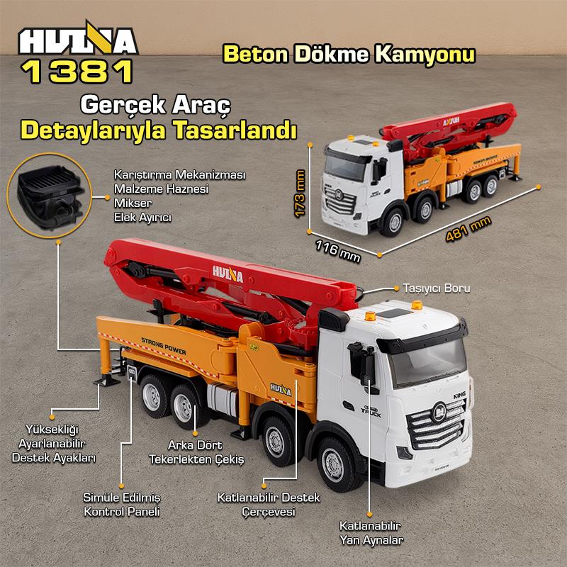 HUINA 1381 1/18 11CH Beton Çimento Dökme Kamyonu İş Makinesi İnşaat Uzaktan Kumandalı RC Model Sarı - 2.4Ghz Gerçekçi Similasyon Ses ve Işık Sistemi