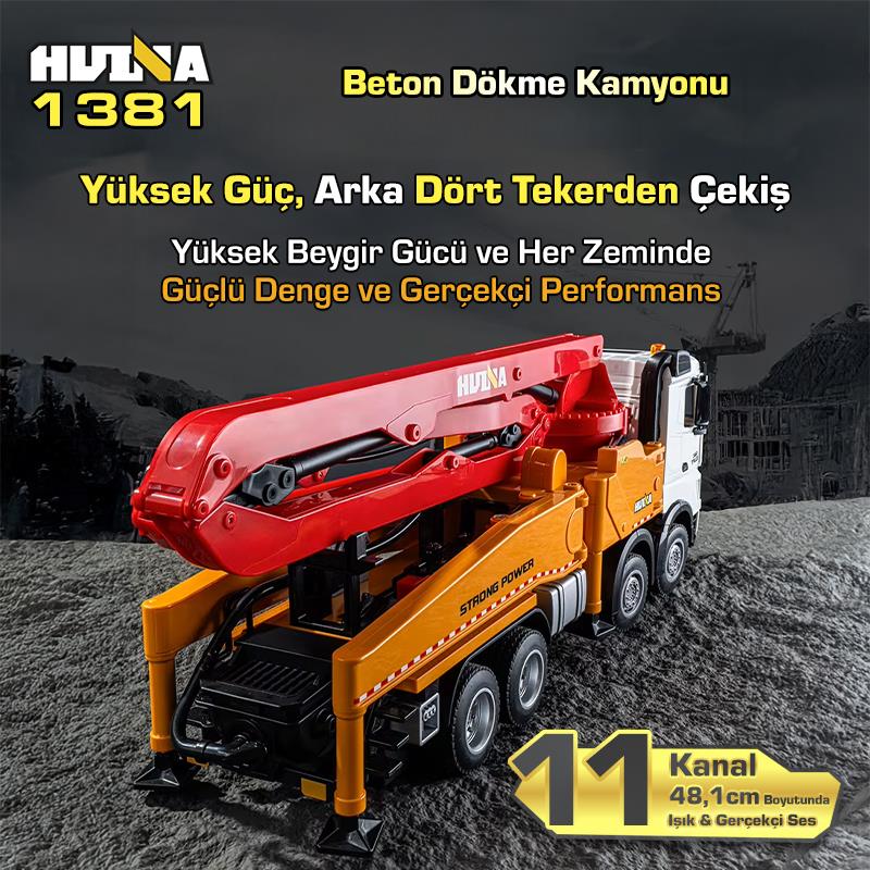 HUINA 1381 1/18 11CH Beton Çimento Dökme Kamyonu İş Makinesi İnşaat Uzaktan Kumandalı RC Model Sarı - 2.4Ghz Gerçekçi Similasyon Ses ve Işık Sistemi