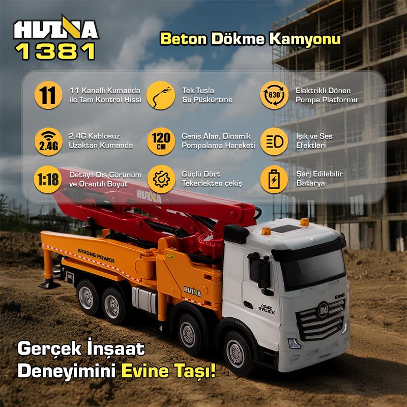 HUINA 1381 1/18 11CH Beton Çimento Dökme Kamyonu İş Makinesi İnşaat Uzaktan Kumandalı RC Model Sarı - 2.4Ghz Gerçekçi Similasyon Ses ve Işık Sistemi