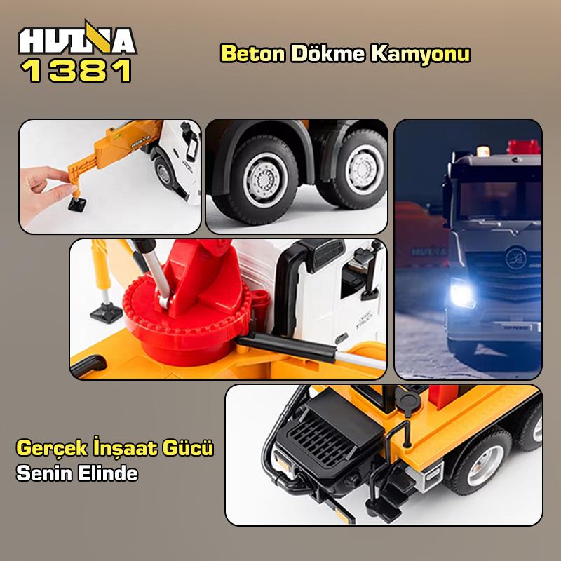 HUINA 1381 1/18 11CH Beton Çimento Dökme Kamyonu İş Makinesi İnşaat Uzaktan Kumandalı RC Model Sarı - 2.4Ghz Gerçekçi Similasyon Ses ve Işık Sistemi