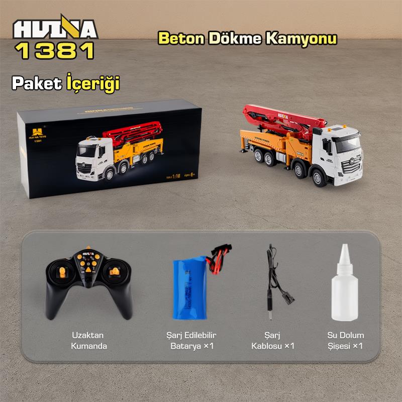 HUINA 1381 1/18 11CH Beton Çimento Dökme Kamyonu İş Makinesi İnşaat Uzaktan Kumandalı RC Model Sarı - 2.4Ghz Gerçekçi Similasyon Ses ve Işık Sistemi