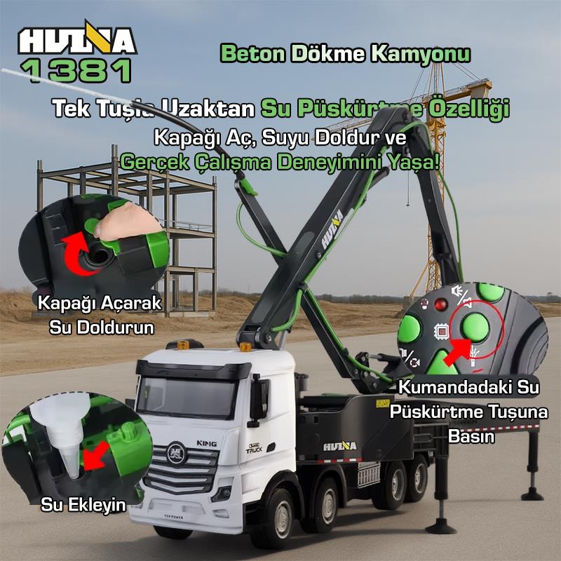 HUINA 1381 1/18 11CH Beton Çimento Dökme Kamyonu İş Makinesi İnşaat Uzaktan Kumandalı RC Model Gri -2.4Ghz Gerçekçi Similasyon Ses ve Işık Sistemi