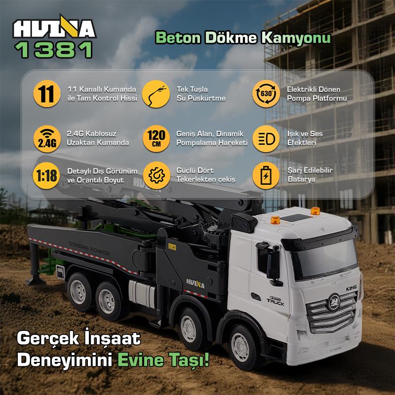 HUINA 1381 1/18 11CH Beton Çimento Dökme Kamyonu İş Makinesi İnşaat Uzaktan Kumandalı RC Model Gri -2.4Ghz Gerçekçi Similasyon Ses ve Işık Sistemi