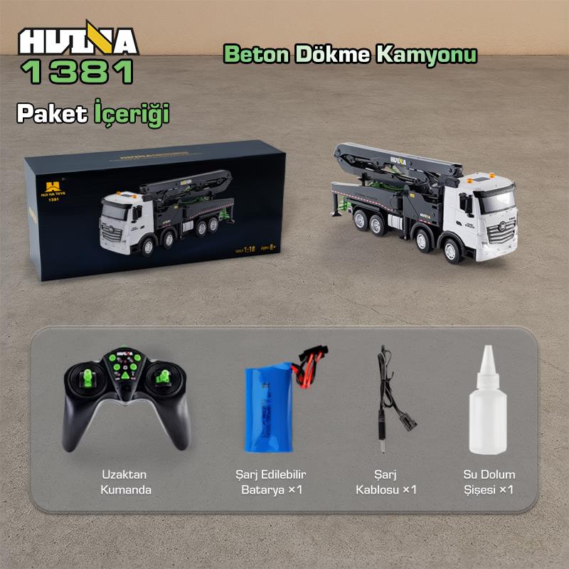 HUINA 1381 1/18 11CH Beton Çimento Dökme Kamyonu İş Makinesi İnşaat Uzaktan Kumandalı RC Model Gri -2.4Ghz Gerçekçi Similasyon Ses ve Işık Sistemi