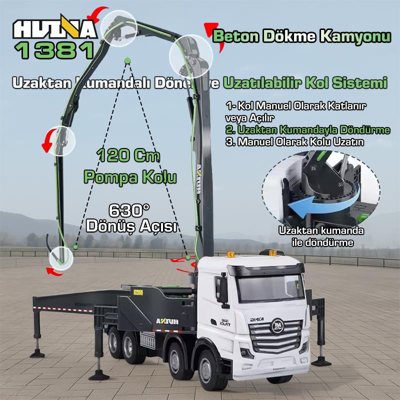 HUINA 1381 1/18 11CH Beton Çimento Dökme Kamyonu İş Makinesi İnşaat Uzaktan Kumandalı RC Model Gri -2.4Ghz Gerçekçi Similasyon Ses ve Işık Sistemi