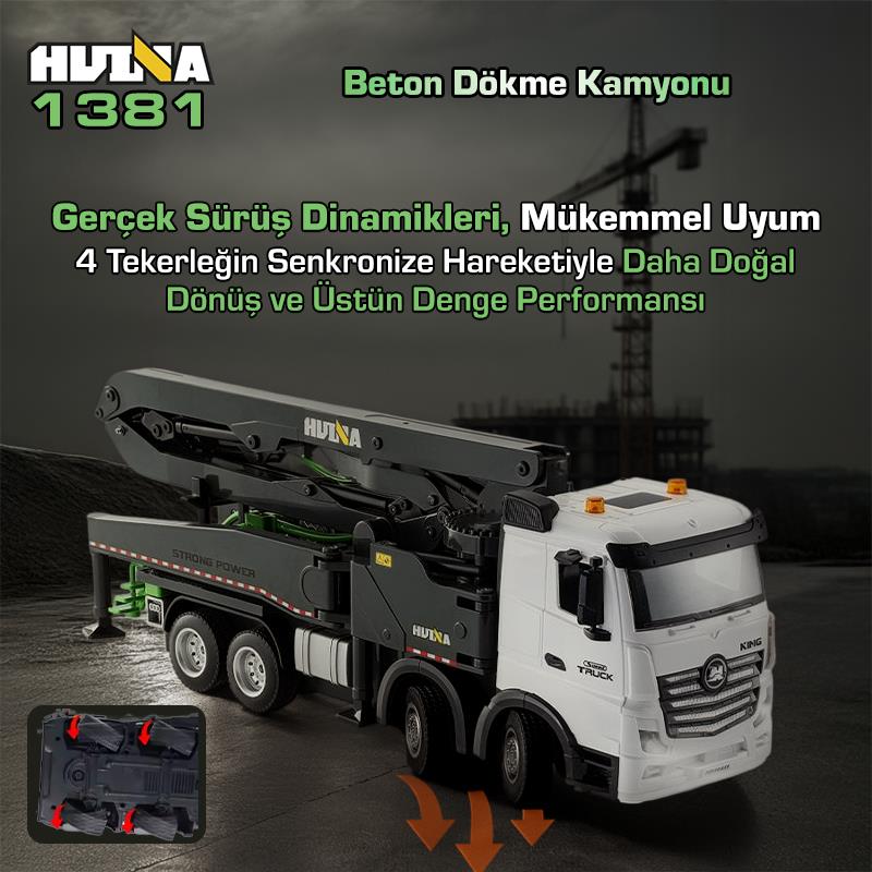 HUINA 1381 1/18 11CH Beton Çimento Dökme Kamyonu İş Makinesi İnşaat Uzaktan Kumandalı RC Model Gri -2.4Ghz Gerçekçi Similasyon Ses ve Işık Sistemi