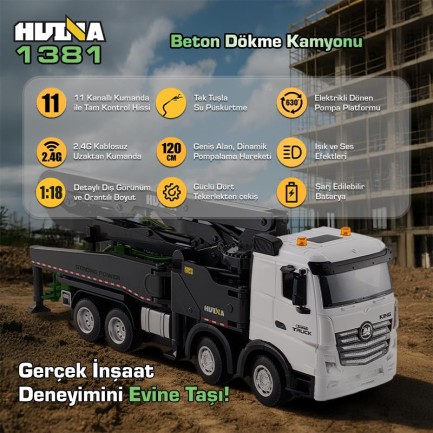 HUINA 1381 1/18 11CH Beton Çimento Dökme Kamyonu İş Makinesi İnşaat Uzaktan Kumandalı RC Model Gri -2.4Ghz Gerçekçi Similasyon Ses ve Işık Sistemi - Thumbnail