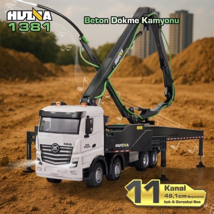 HUINA - HUINA 1381 1/18 11CH Beton Çimento Dökme Kamyonu İş Makinesi İnşaat Uzaktan Kumandalı RC Model Gri -2.4Ghz Gerçekçi Similasyon Ses ve Işık Sistemi