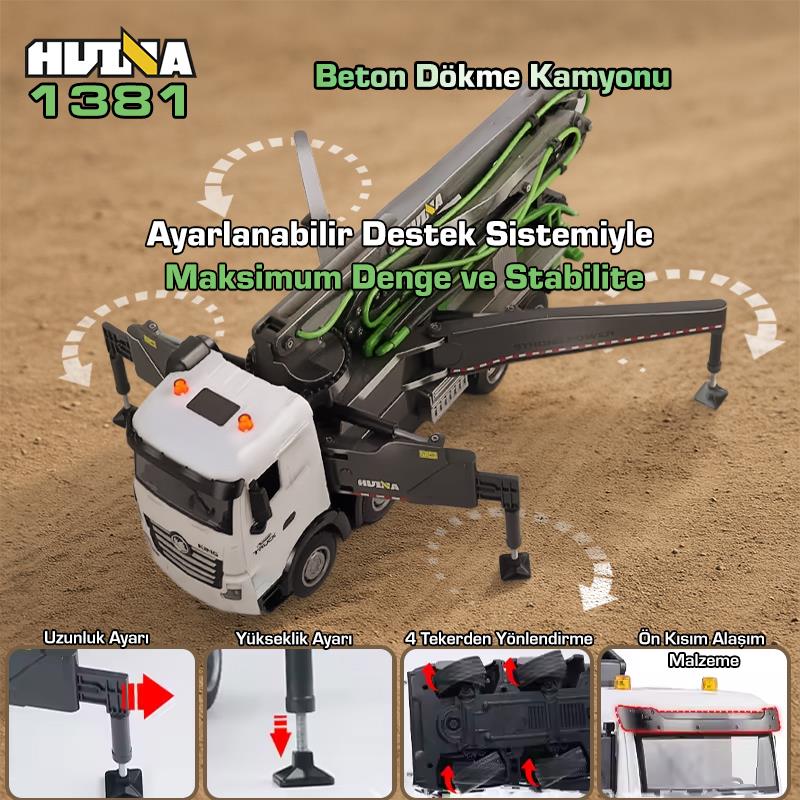 HUINA 1381 1/18 11CH Beton Çimento Dökme Kamyonu İş Makinesi İnşaat Uzaktan Kumandalı RC Model Gri -2.4Ghz Gerçekçi Similasyon Ses ve Işık Sistemi