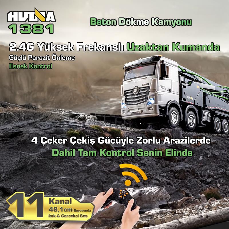 HUINA 1381 1/18 11CH Beton Çimento Dökme Kamyonu İş Makinesi İnşaat Uzaktan Kumandalı RC Model Gri -2.4Ghz Gerçekçi Similasyon Ses ve Işık Sistemi