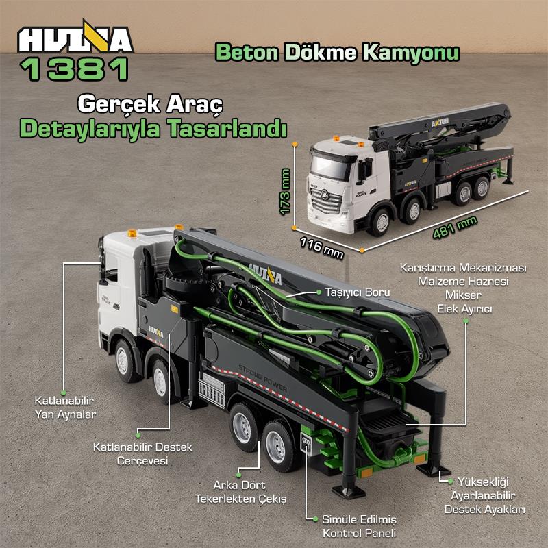 HUINA 1381 1/18 11CH Beton Çimento Dökme Kamyonu İş Makinesi İnşaat Uzaktan Kumandalı RC Model Gri -2.4Ghz Gerçekçi Similasyon Ses ve Işık Sistemi
