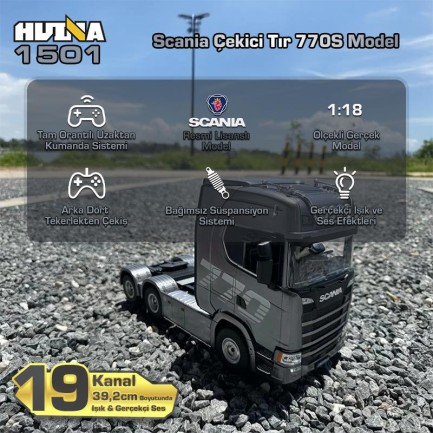 HUINA 1501 Scania 770S 1/18 19CH Çekici Tır Kamyon Profesyonel Uzaktan Kumandalı İş Makinesi İnşaat Aracı Hauler Truck Gri - Sesli ve Işıklı - Thumbnail