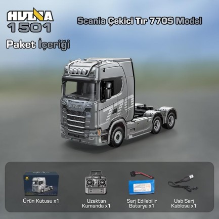 HUINA 1501 Scania 770S 1/18 19CH Çekici Tır Kamyon Profesyonel Uzaktan Kumandalı İş Makinesi İnşaat Aracı Hauler Truck Gri - Sesli ve Işıklı - Thumbnail