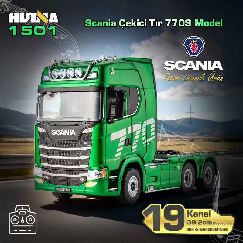 HUINA 1501 Scania 770S 1/18 19CH Çekici Tır Kamyon Profesyonel Uzaktan Kumandalı İş Makinesi İnşaat Aracı Hauler Truck Yeşil - Sesli ve Işıklı
