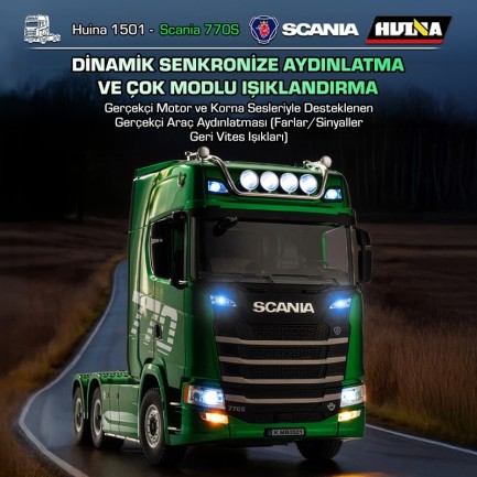 HUINA 1501 Scania 770S 1/18 19CH Çekici Tır Kamyon Profesyonel Uzaktan Kumandalı İş Makinesi İnşaat Aracı Hauler Truck Yeşil - Sesli ve Işıklı - Thumbnail