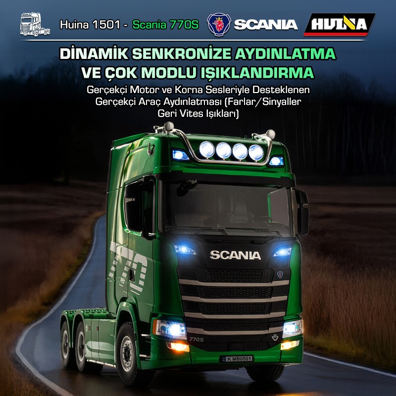 HUINA 1501 Scania 770S 1/18 19CH Çekici Tır Kamyon Profesyonel Uzaktan Kumandalı İş Makinesi İnşaat Aracı Hauler Truck Yeşil - Sesli ve Işıklı