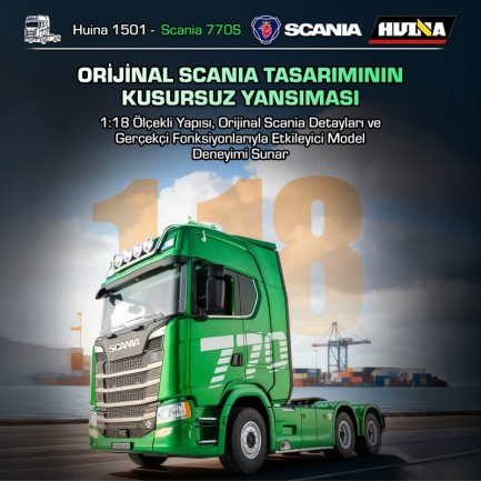 HUINA 1501 Scania 770S 1/18 19CH Çekici Tır Kamyon Profesyonel Uzaktan Kumandalı İş Makinesi İnşaat Aracı Hauler Truck Yeşil - Sesli ve Işıklı - Thumbnail