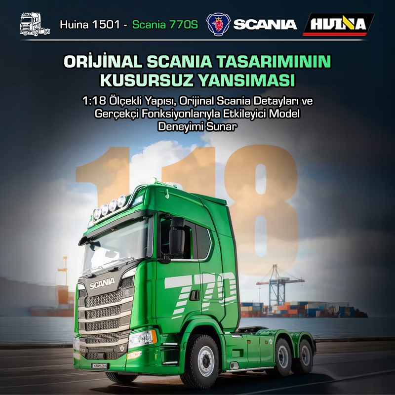 HUINA 1501 Scania 770S 1/18 19CH Çekici Tır Kamyon Profesyonel Uzaktan Kumandalı İş Makinesi İnşaat Aracı Hauler Truck Yeşil - Sesli ve Işıklı