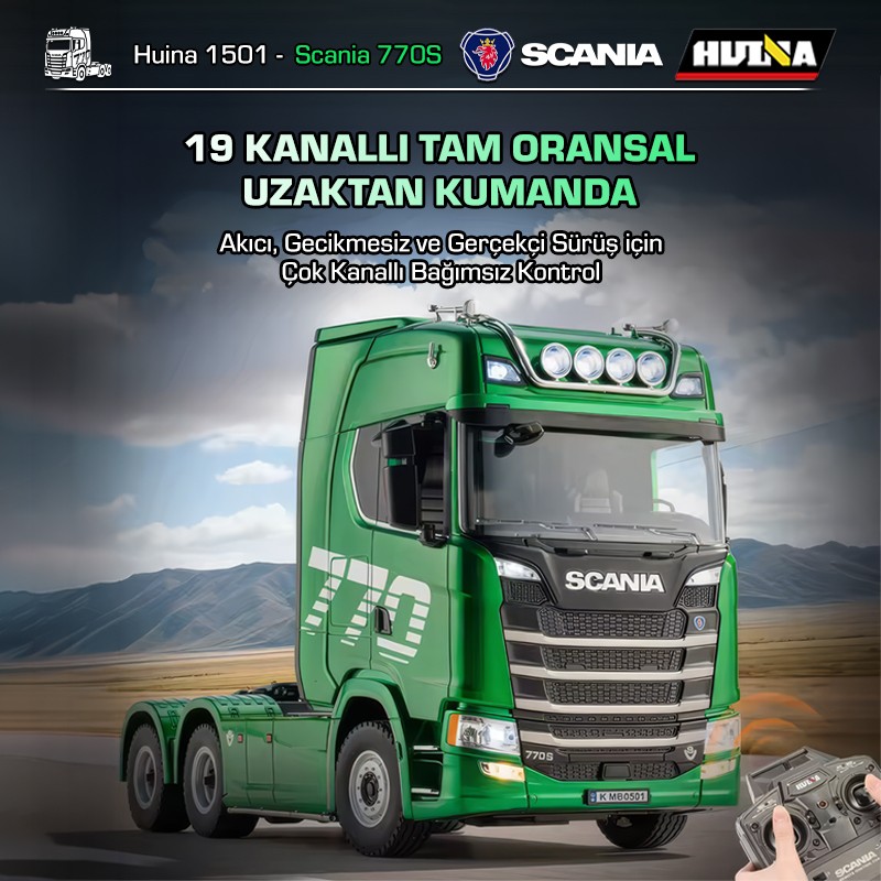 HUINA 1501 Scania 770S 1/18 19CH Çekici Tır Kamyon Profesyonel Uzaktan Kumandalı İş Makinesi İnşaat Aracı Hauler Truck Yeşil - Sesli ve Işıklı