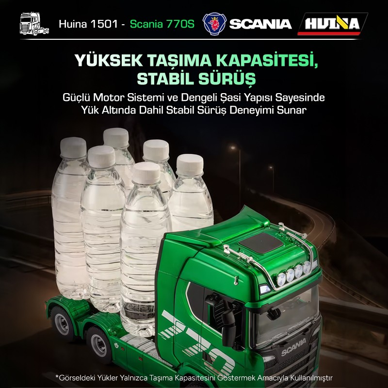 HUINA 1501 Scania 770S 1/18 19CH Çekici Tır Kamyon Profesyonel Uzaktan Kumandalı İş Makinesi İnşaat Aracı Hauler Truck Yeşil - Sesli ve Işıklı