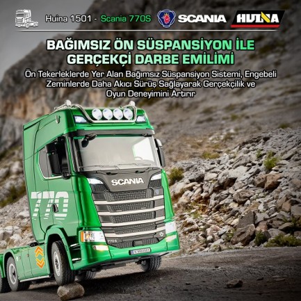 HUINA 1501 Scania 770S 1/18 19CH Çekici Tır Kamyon Profesyonel Uzaktan Kumandalı İş Makinesi İnşaat Aracı Hauler Truck Yeşil - Sesli ve Işıklı - Thumbnail