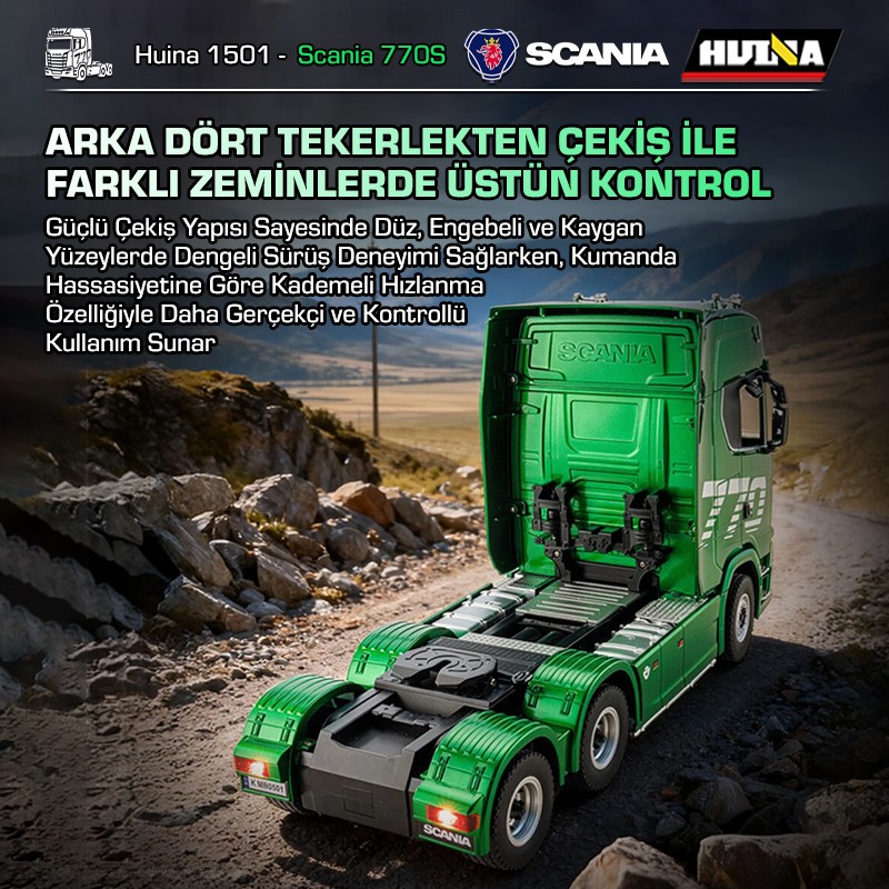 HUINA 1501 Scania 770S 1/18 19CH Çekici Tır Kamyon Profesyonel Uzaktan Kumandalı İş Makinesi İnşaat Aracı Hauler Truck Yeşil - Sesli ve Işıklı