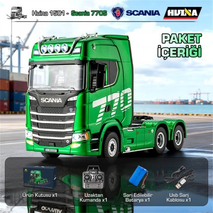 HUINA 1501 Scania 770S 1/18 19CH Çekici Tır Kamyon Profesyonel Uzaktan Kumandalı İş Makinesi İnşaat Aracı Hauler Truck Yeşil - Sesli ve Işıklı - Thumbnail