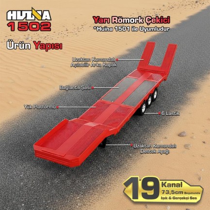 HUINA 1502 1/18 RC Uzaktan Kumandalı İş Makinesi İnşaat Aracı Römork Çekici Dorse Damper Trailer Flatbed (1501 İle Uyumlu) Kırmızı - Thumbnail